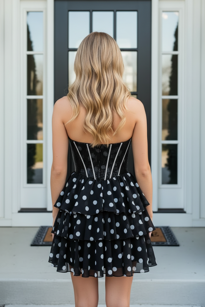 Corset Polka Dot Tiered Ruffle Mini Party Dress