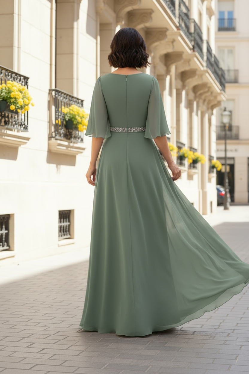 A-Line Pleated Chiffon Evening Gown with Flutter Sleeves