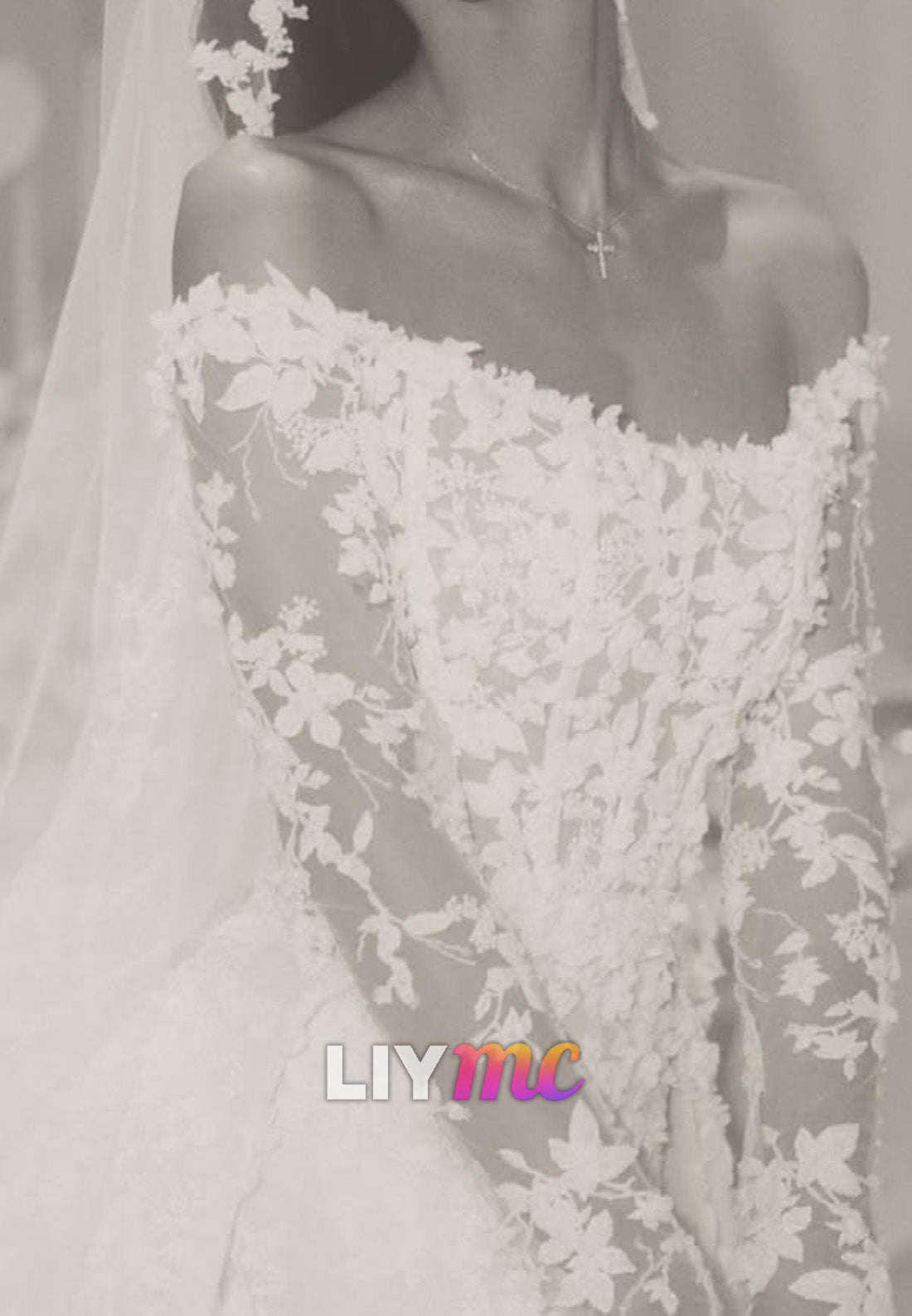 Floral Lace Off-Shoulder Ball Gown Wedding Dress