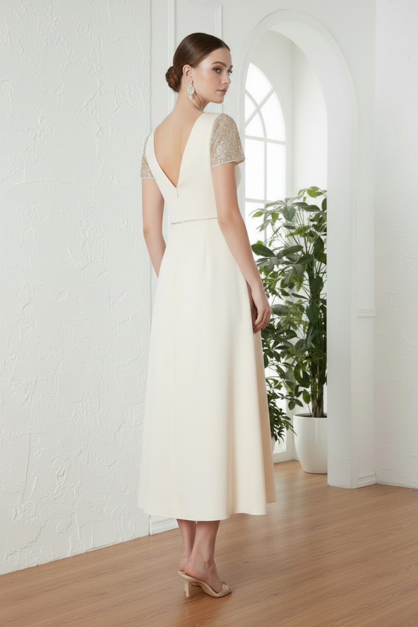Beaded Sleeve Wrap V-Neck A-Line Midi Dress