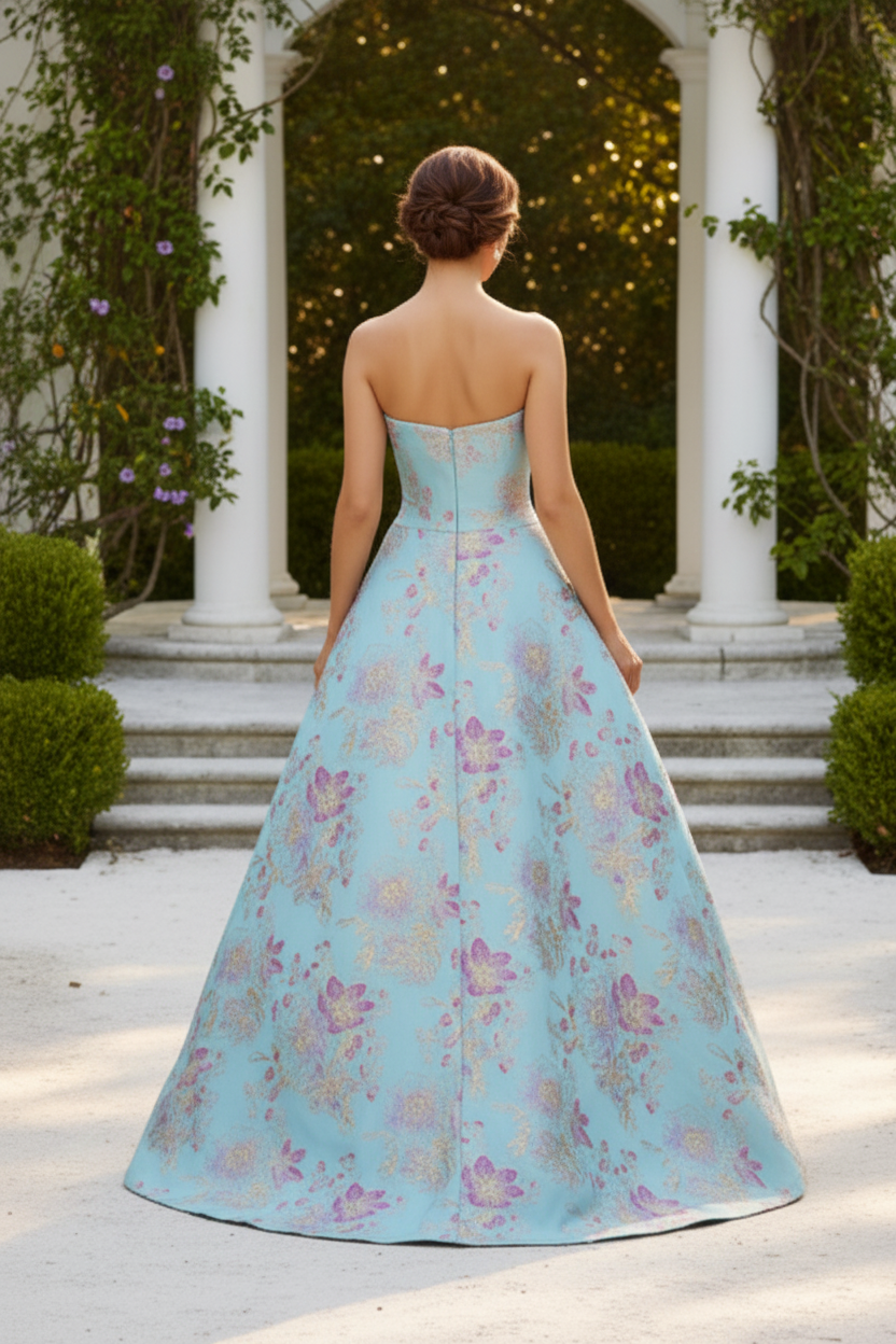 Strapless Floral Jacquard A-Line Evening Gown
