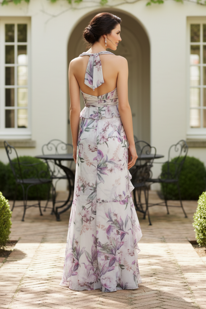 Floral Chiffon Halter Mermaid Gown with Cascading Ruffles