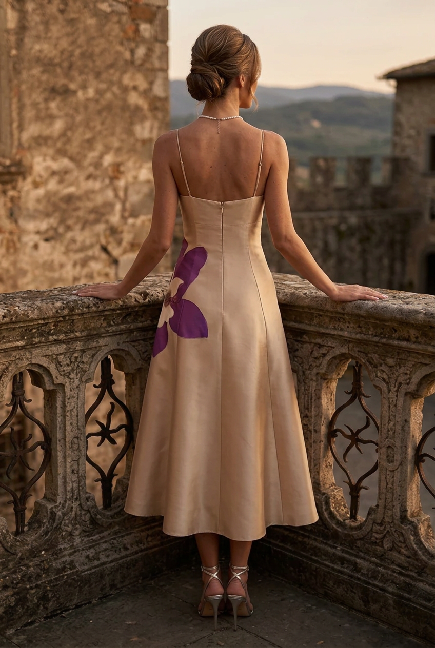 Cut-Out A-Line Midi Dress with Floral Motif