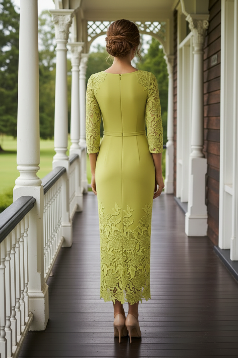 Lace Applique Midi Dress with Side Draping