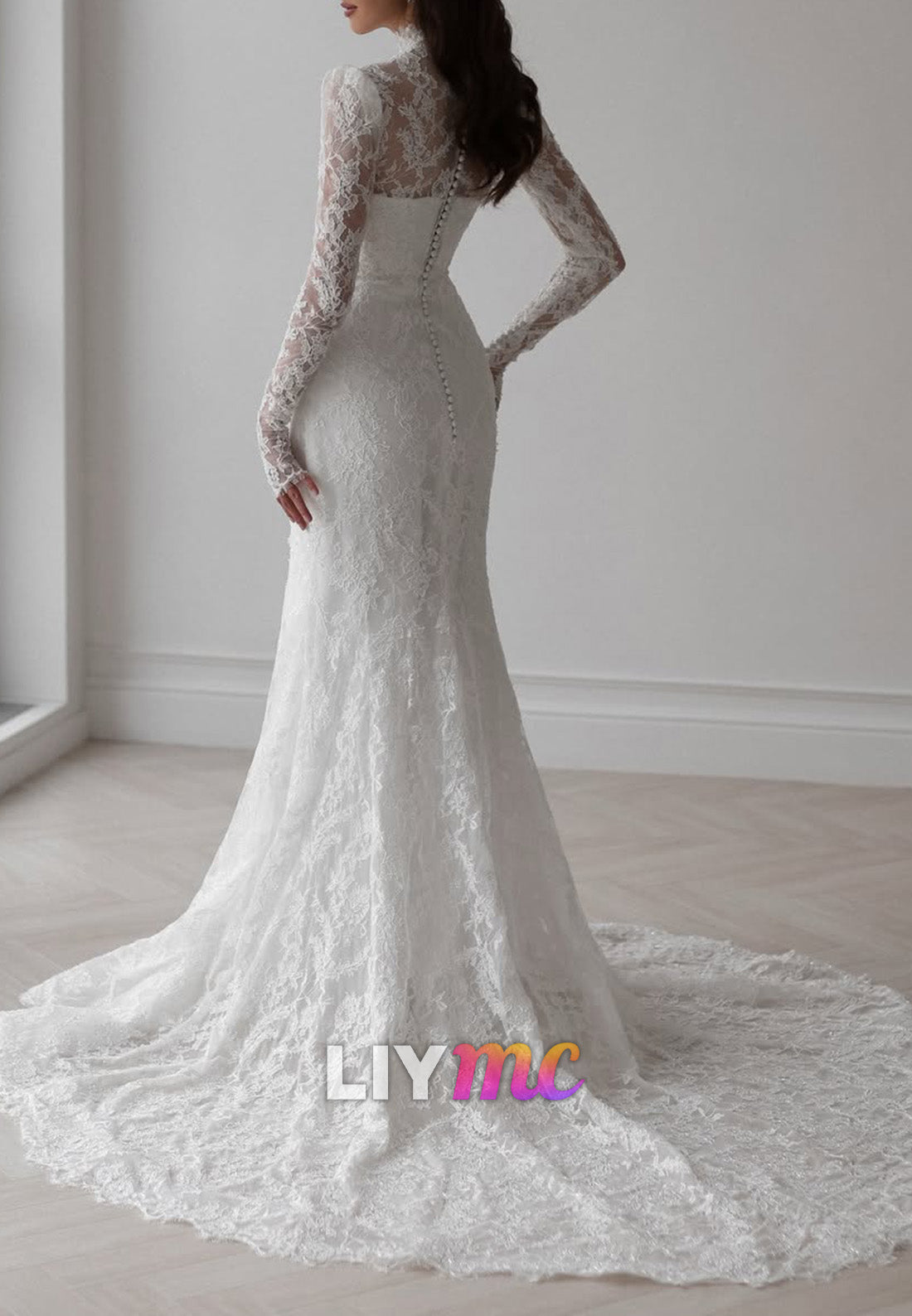 High-Neck Lace Mermaid Wedding Dress with Sleeves