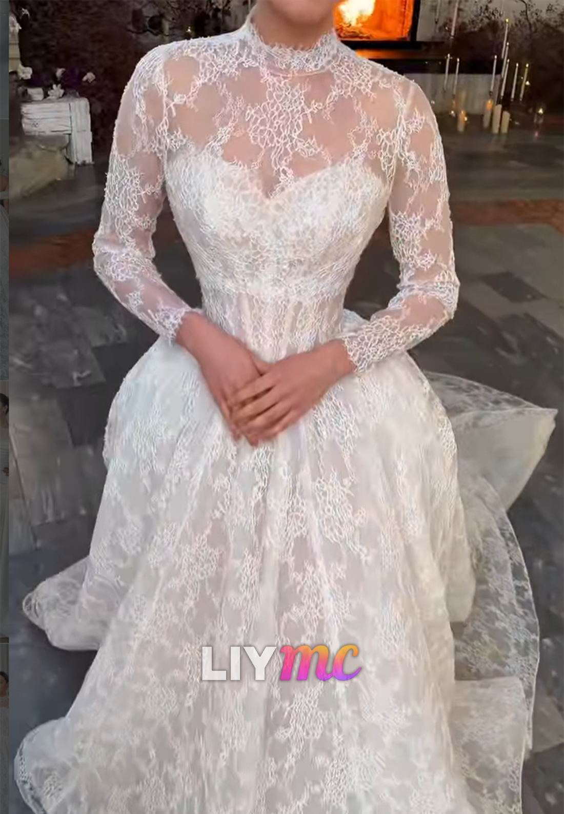 Illusion High Neck Long Sleeve Lace Ball Gown