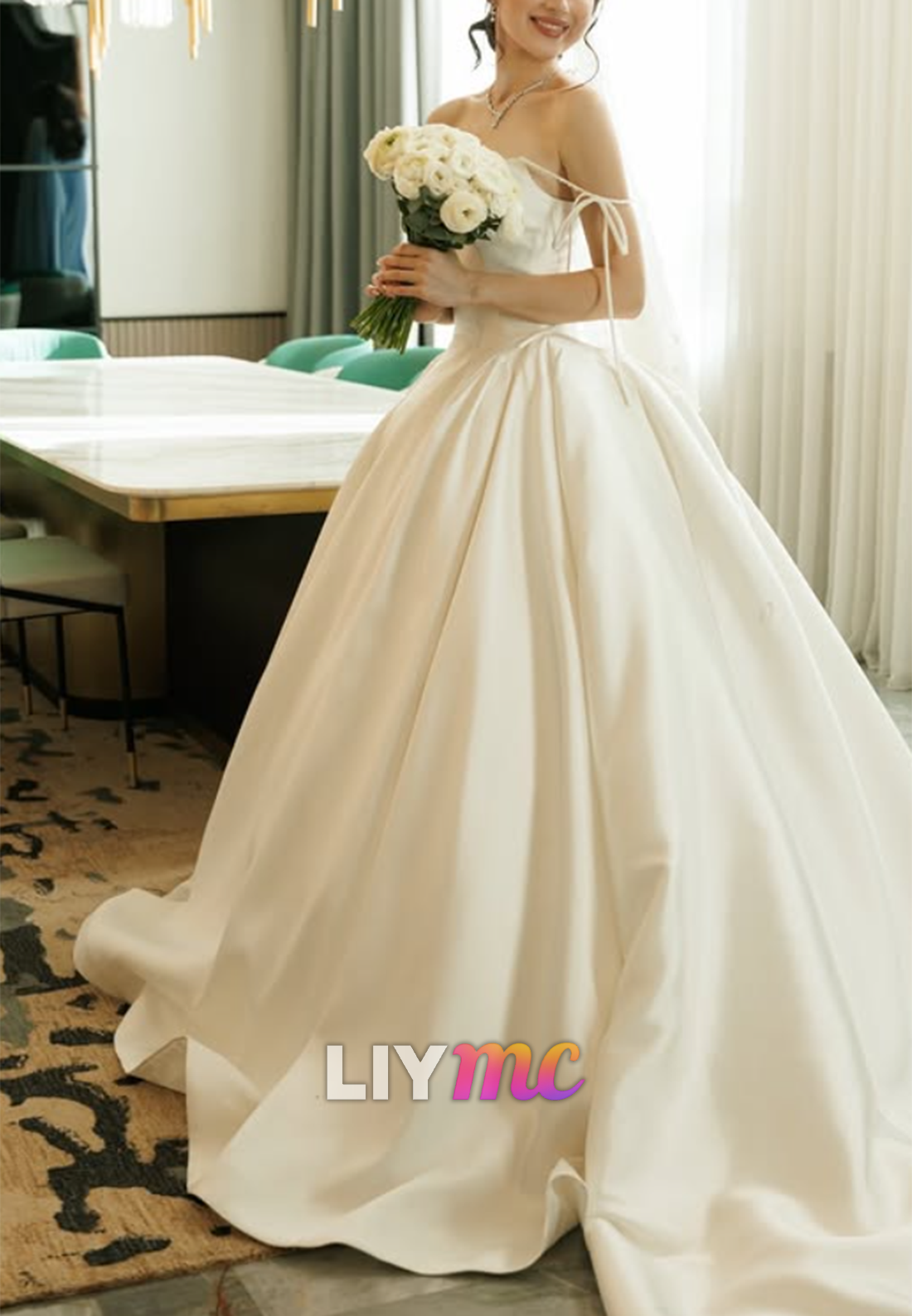 Satin Ball Gown Wedding Dress with Tie Straps