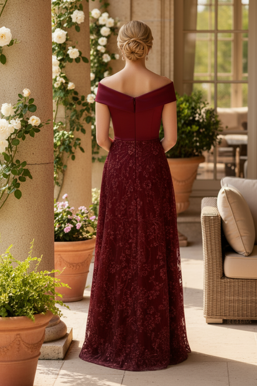 Off-the-Shoulder Satin and Sequin A-Line Gown