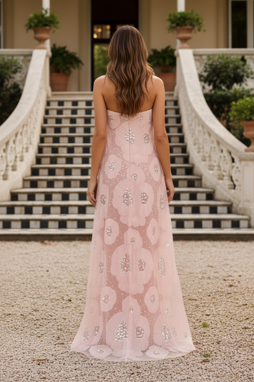 Strapless Sequin Floral Column Gown