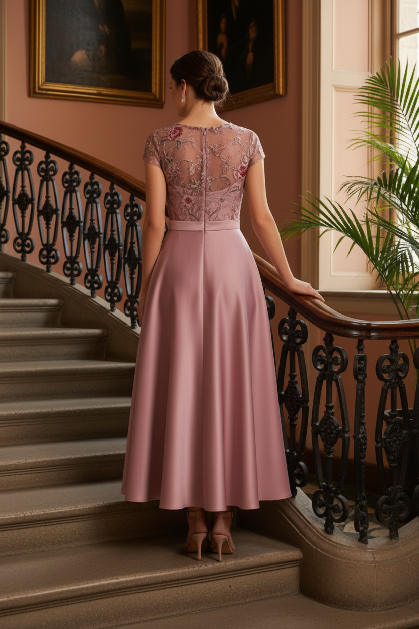 Floral Embroidered Satin Midi A-Line Dress