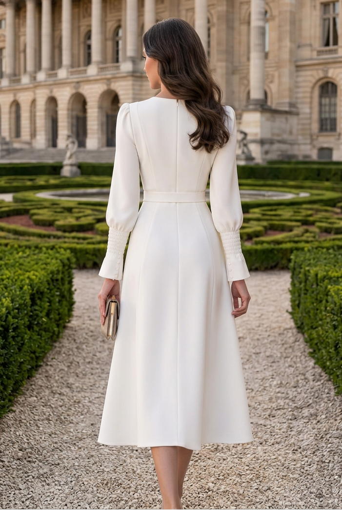 V-Neck Midi Dress with Embellished Trim & Belt