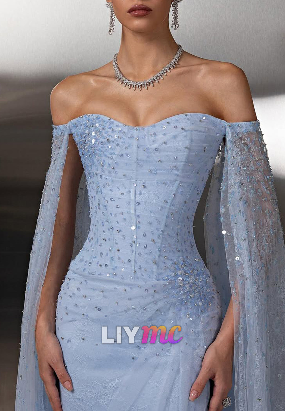 Off-the-Shoulder Sequin Cape Gown