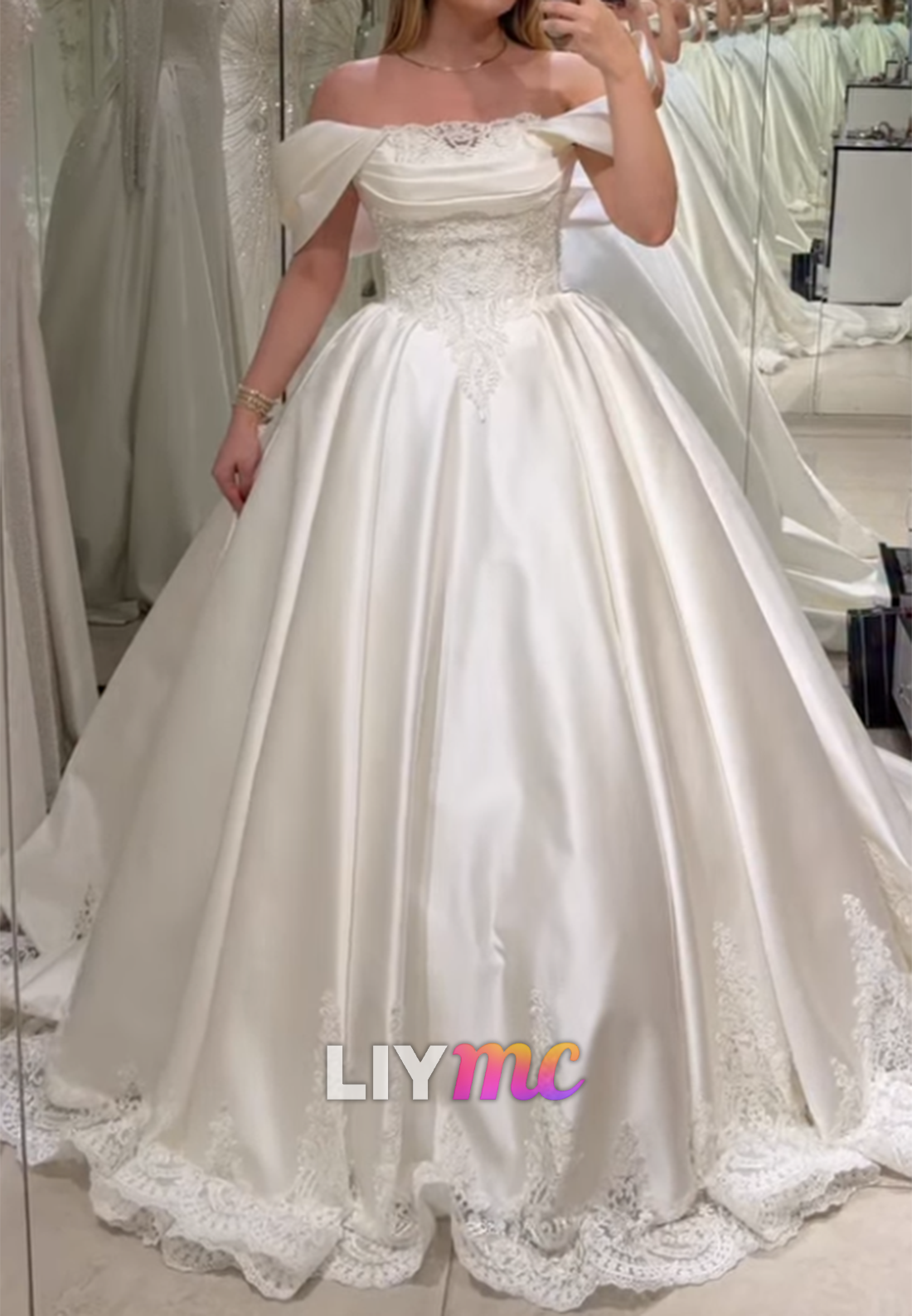 Off-the-Shoulder Lace and Satin Ball Gown