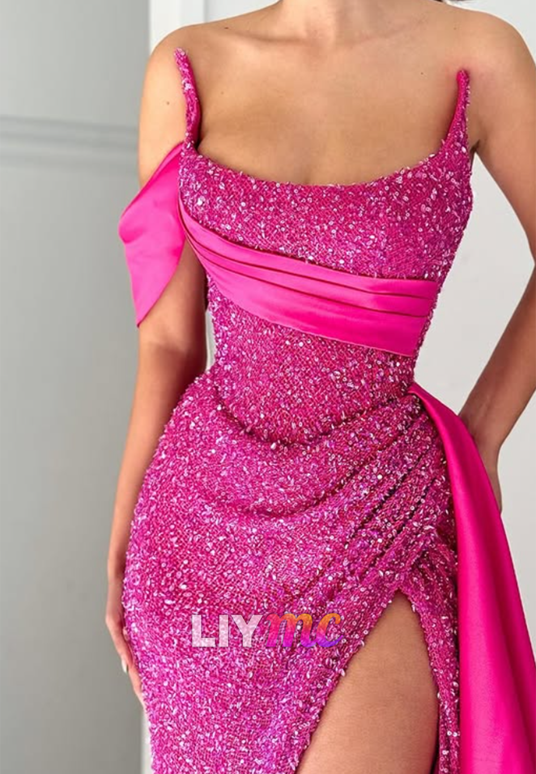 Sequin Spaghetti Strap Evening Gown with Satin Train