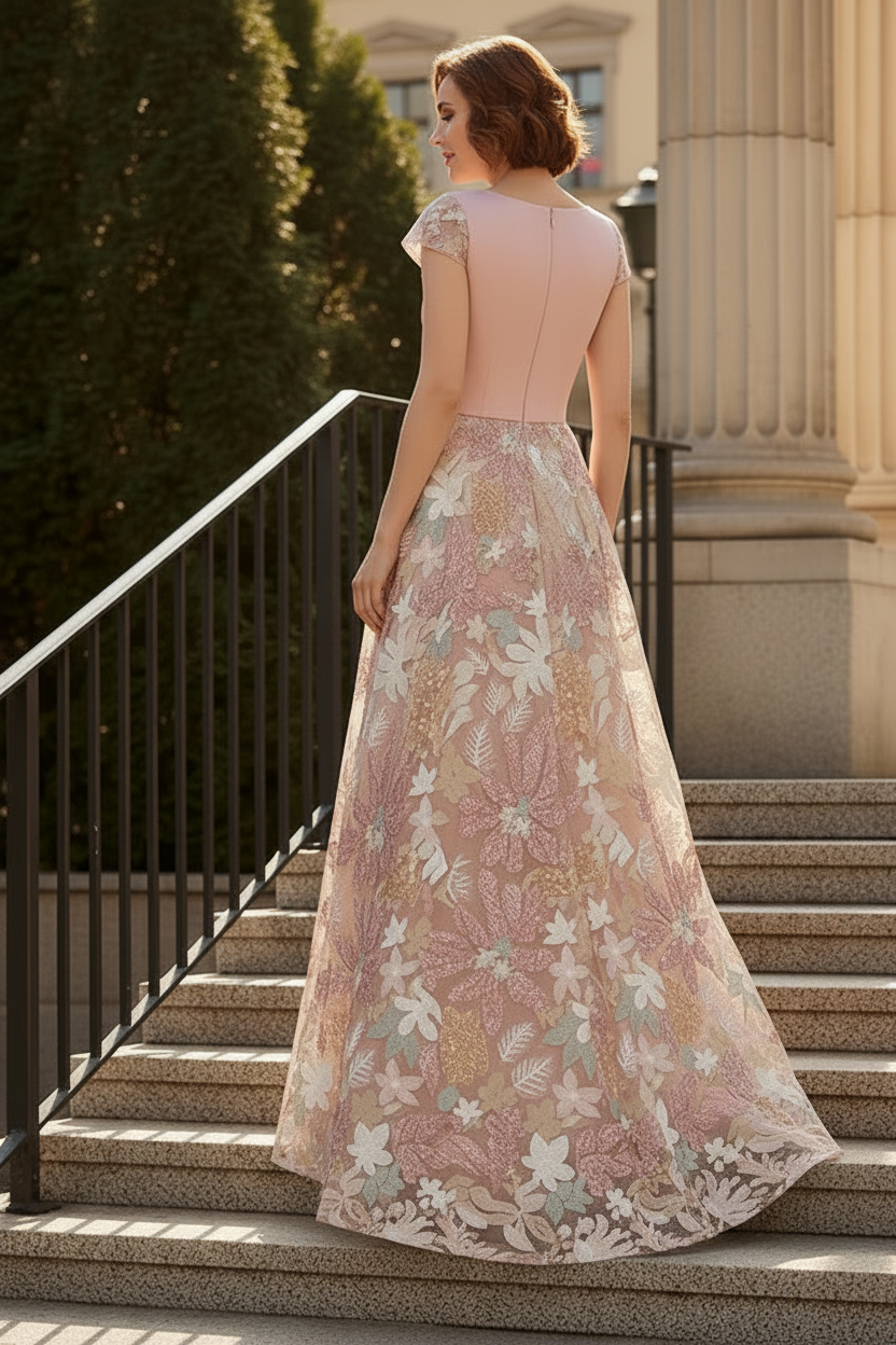 Elegant Embroidered A-Line Evening Gown with Sash