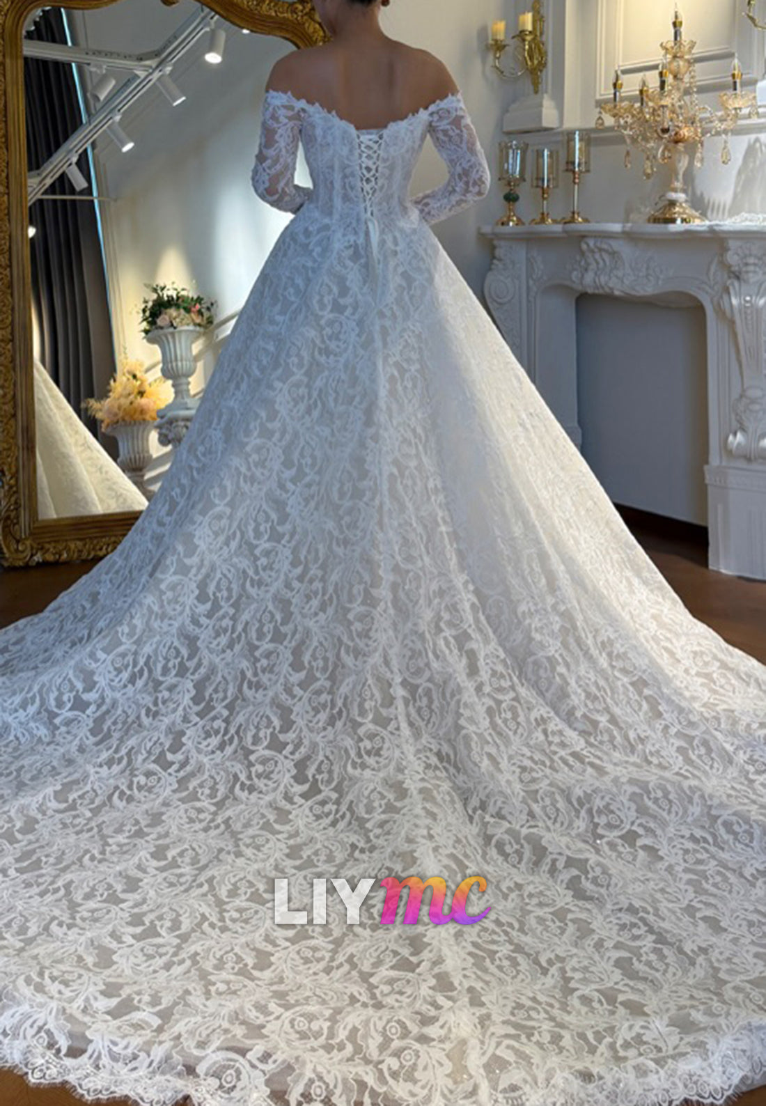 Off-the-Shoulder Lace Ball Gown Wedding Dress