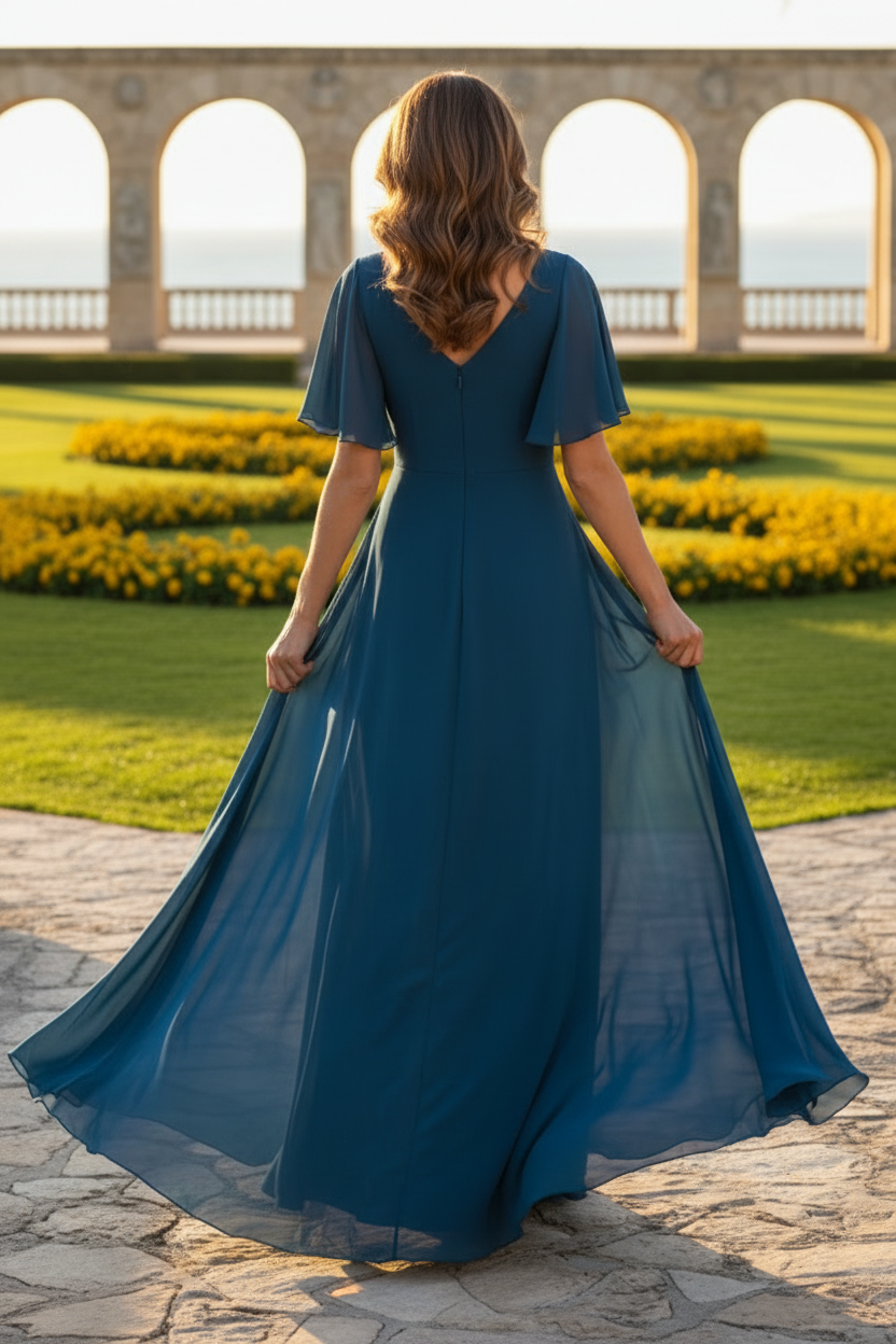 V-Neck Flutter Sleeve Chiffon Mermaid Dress