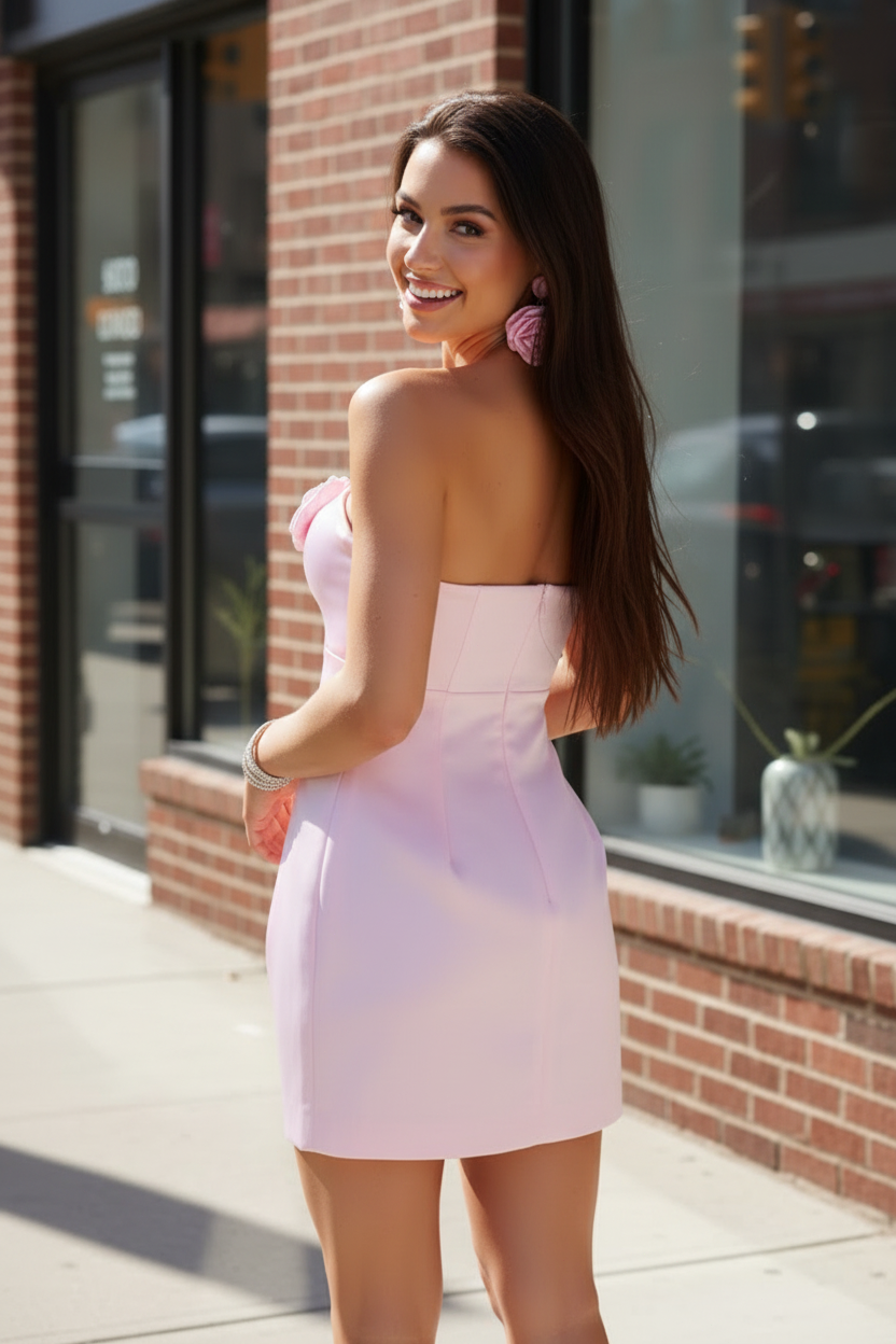 Strapless Satin Mini Dress with 3D Floral Appliques