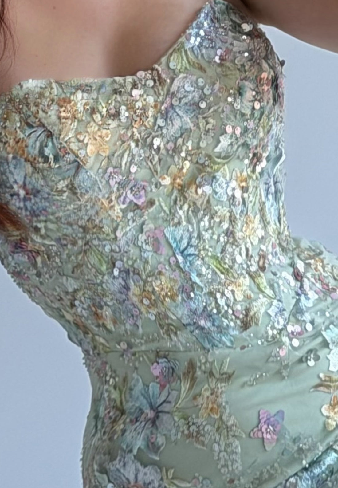 Strapless Floral Embroidered Sequin Mermaid Evening Gown