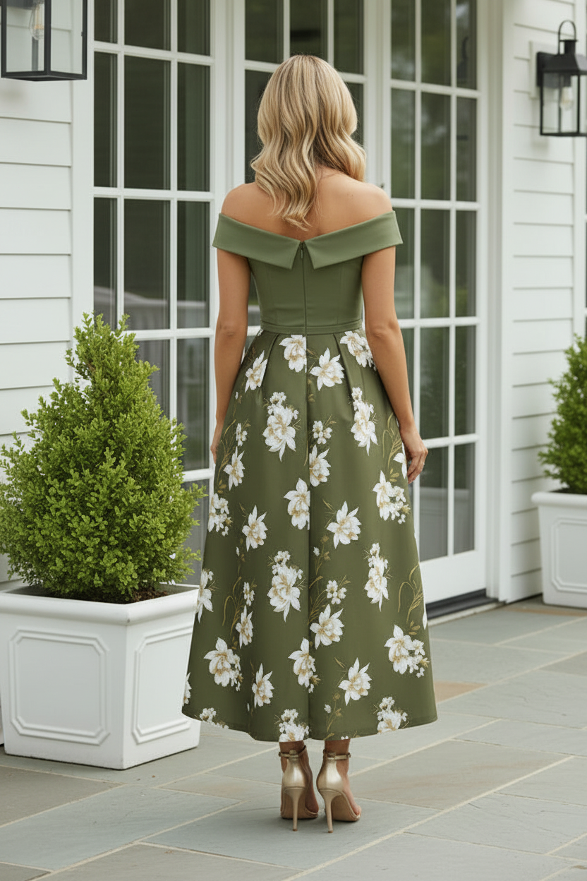 Off-the-Shoulder Floral Pleated A-Line Midi Dress