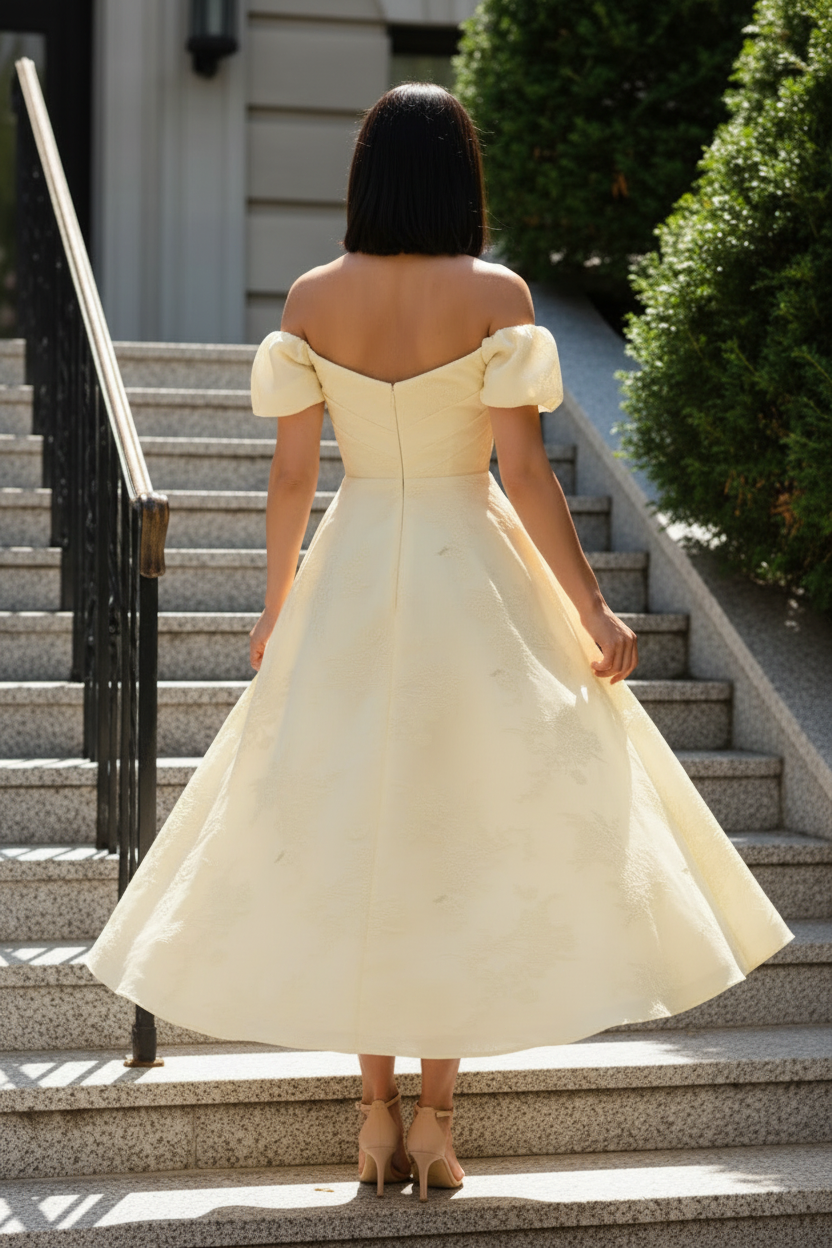Off-the-Shoulder A-Line Jacquard Midi Dress