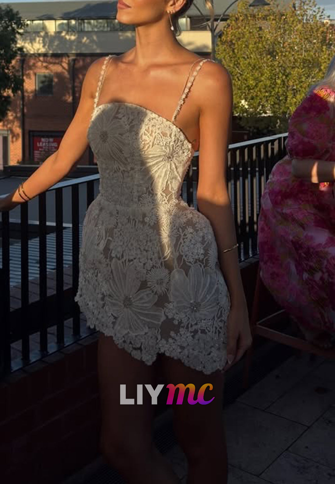 Floral Lace Mini Wedding Dress with Spaghetti Straps