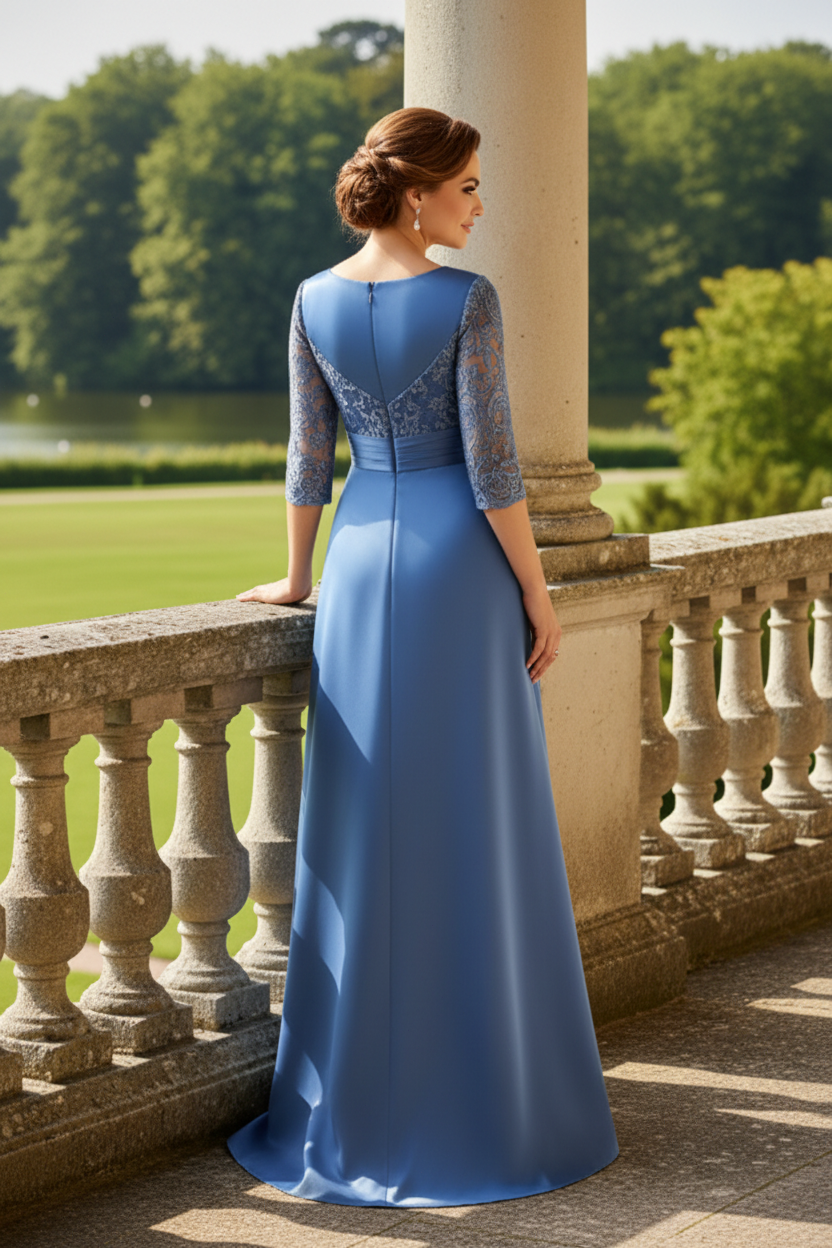 A-Line Satin Evening Gown with Lace Inset