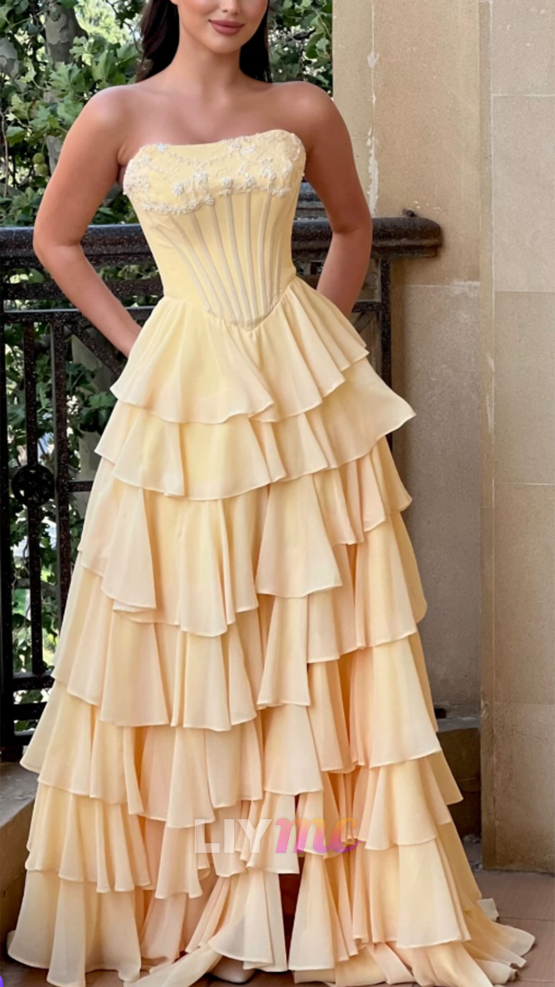 Strapless Tiered Ruffle Corset Gown