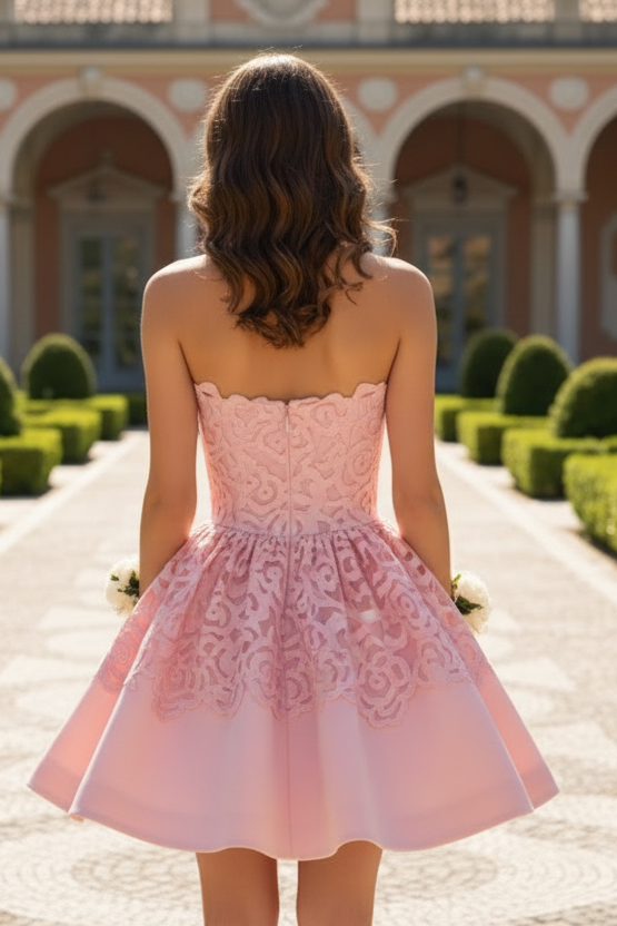 Strapless Lace Applique Flared Mini Dress