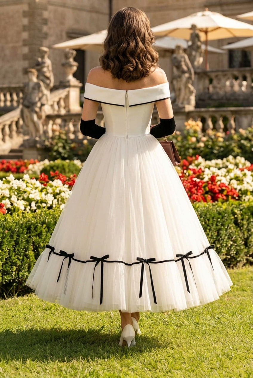 Off-the-Shoulder Tulle Tea-Length Dress with Bows