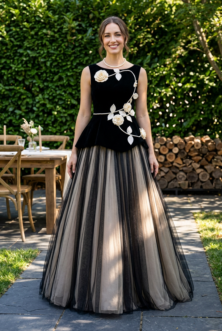 Floral Applique Peplum Tulle Ball Gown