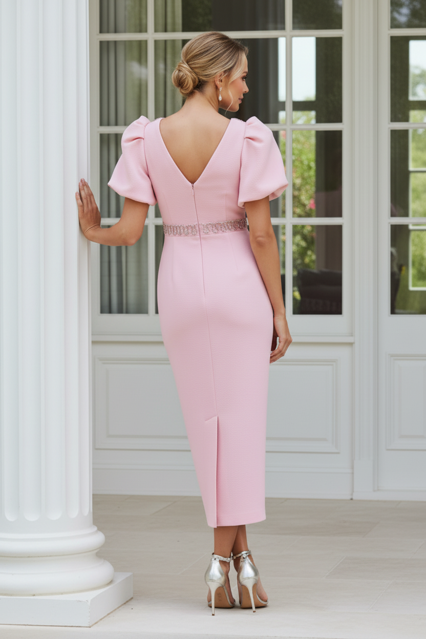 Crystal Embellished Puff Sleeve Midi Dress