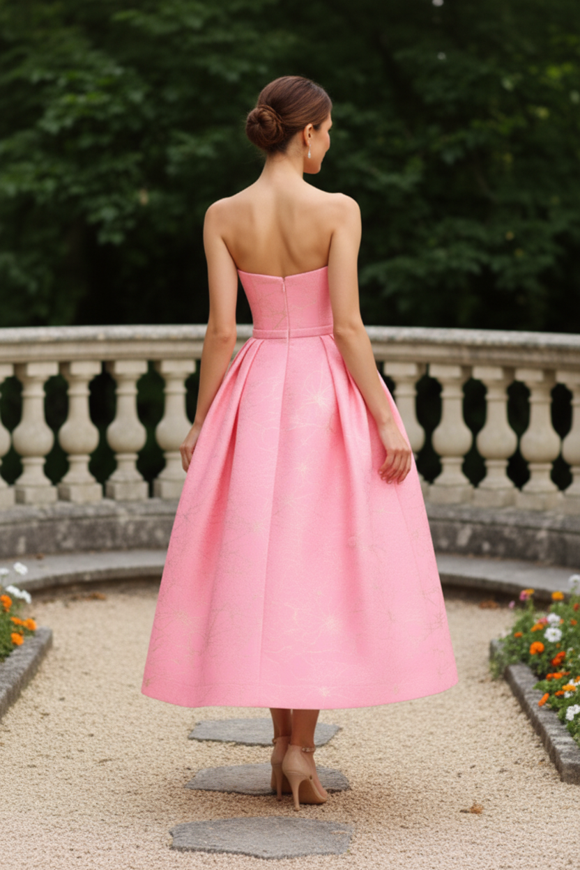 Strapless Metallic Jacquard A-Line Midi Dress