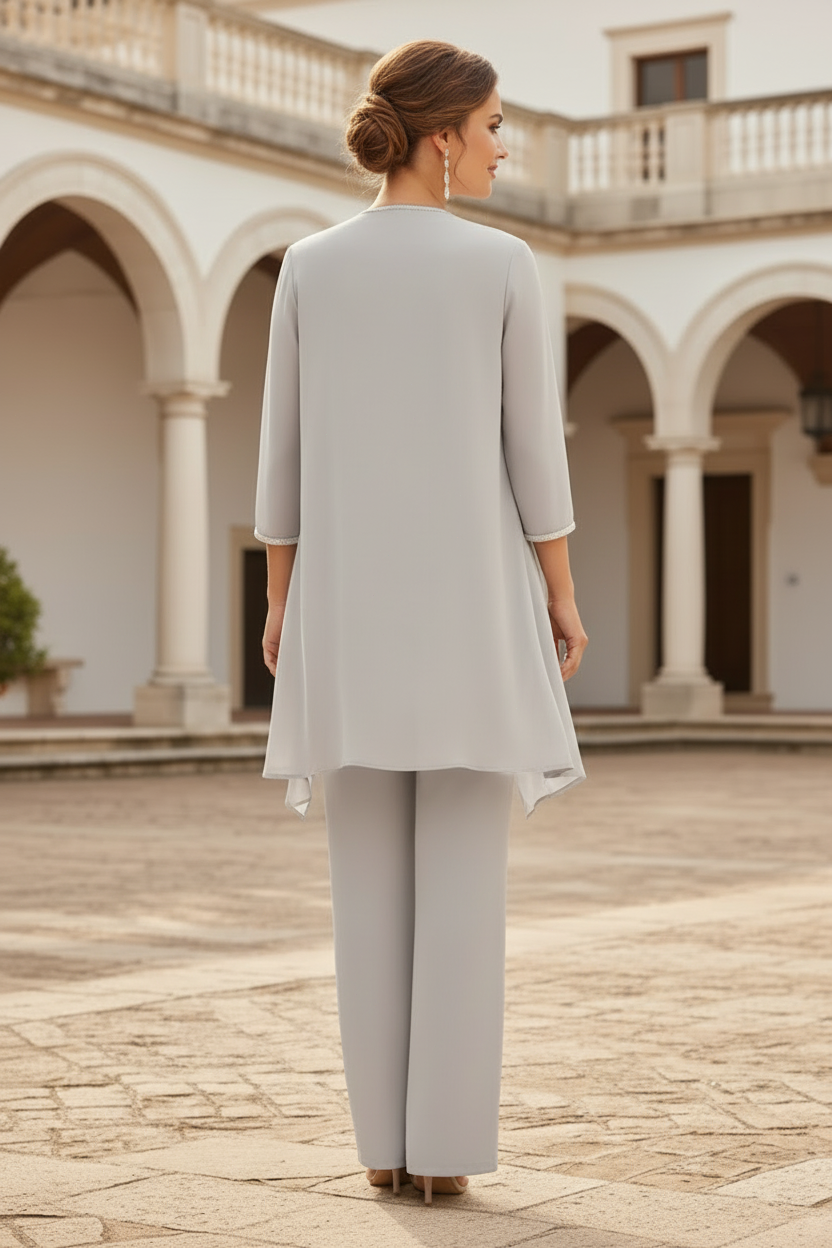 Elegant Three-Piece Pantsuit with Draped Jacket