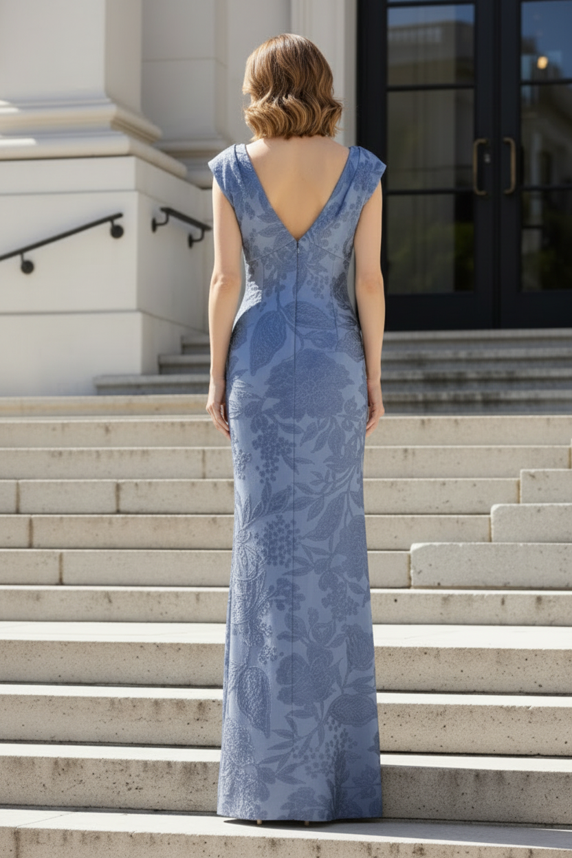 Floral Jacquard V-Neck Column Evening Gown