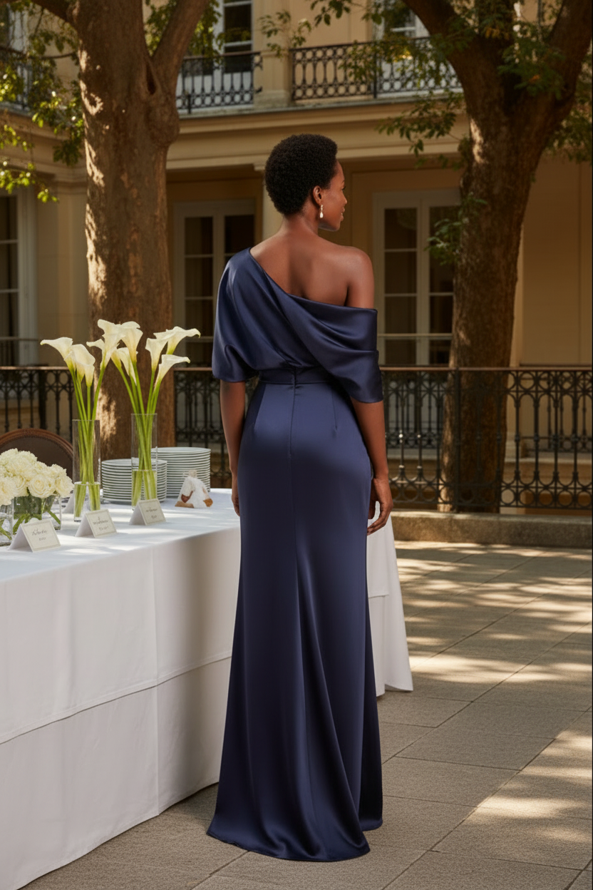 One-Shoulder Draped Satin Evening Gown