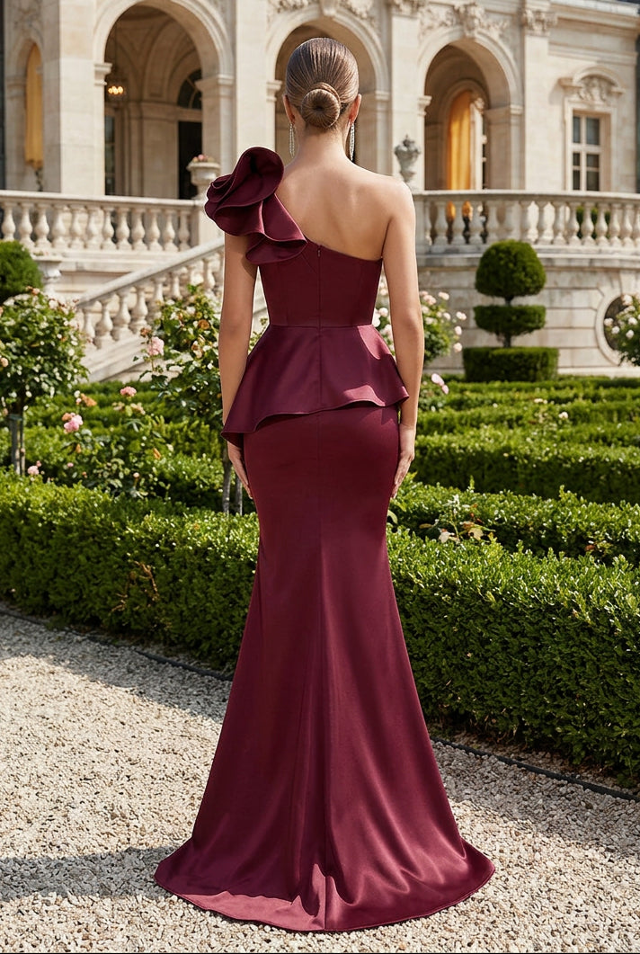 One-Shoulder Peplum Mermaid Gown