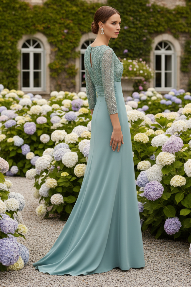Embellished Bodice Ruched Gown with 3/4 Sleeves