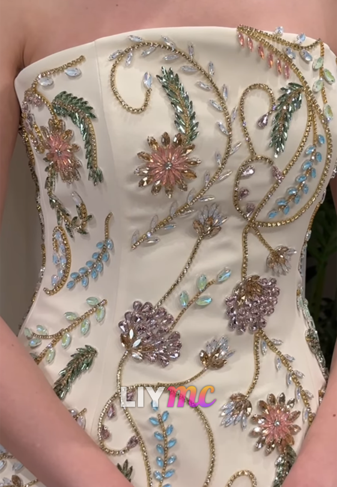 Strapless Beaded Embroidered Peplum Evening Gown