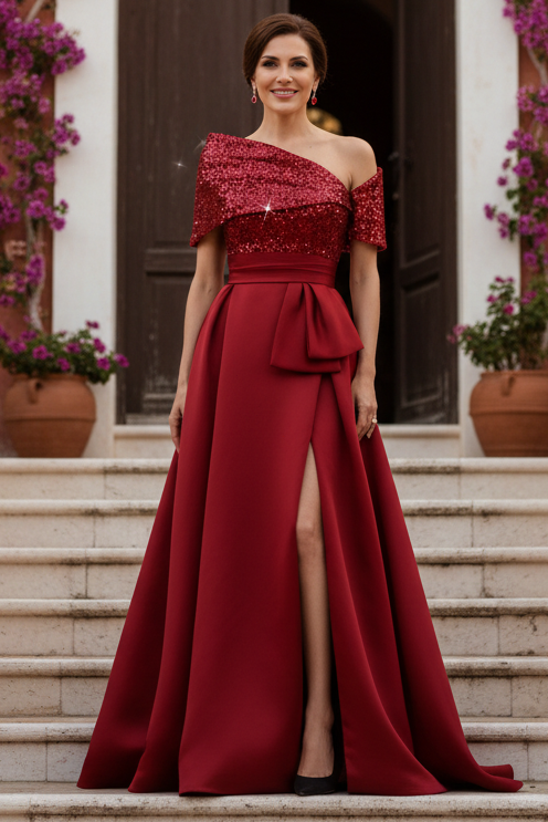 Sequin One-Shoulder A-Line Gown with High Slit