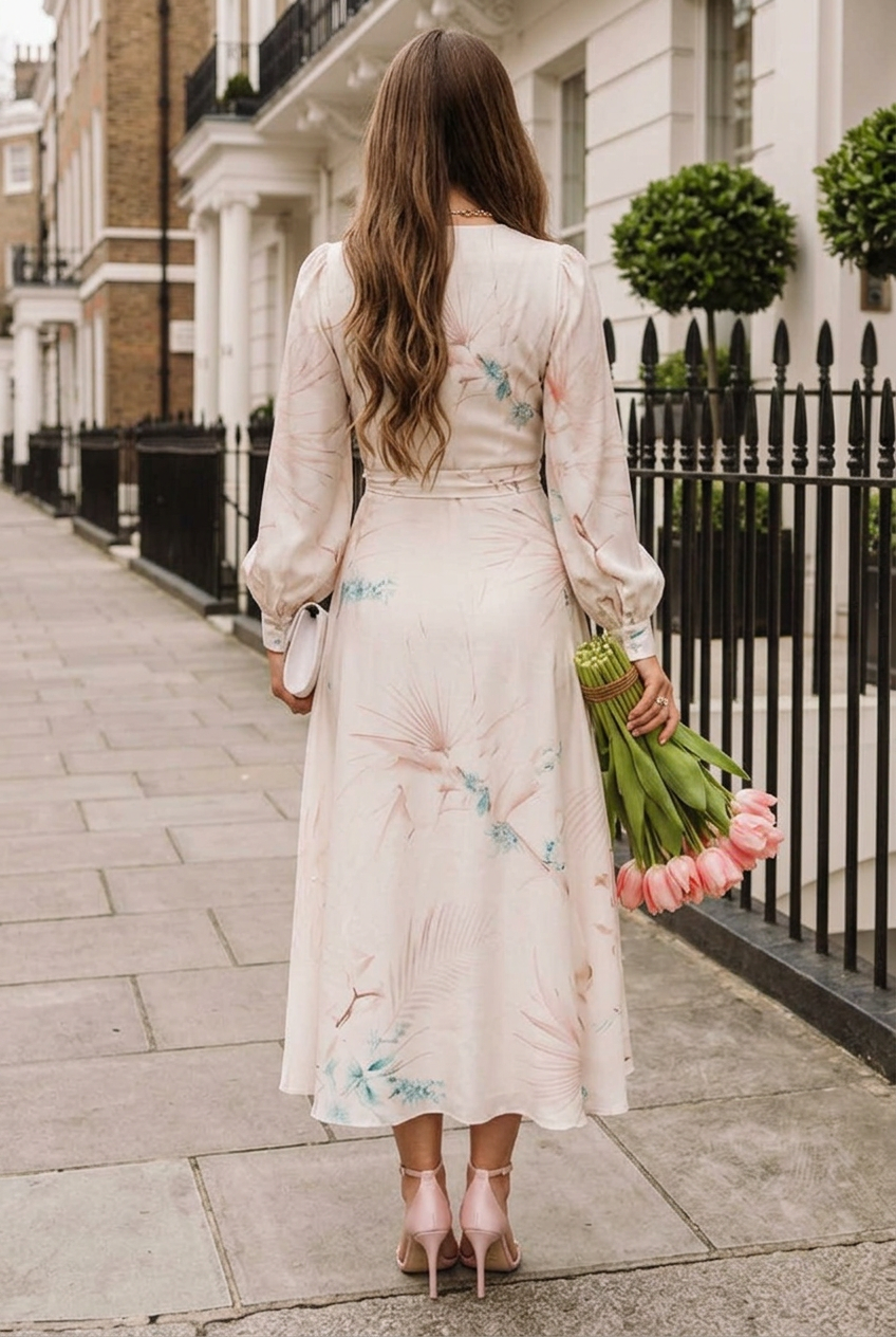 Floral Wrap Midi Dress with Balloon Sleeves