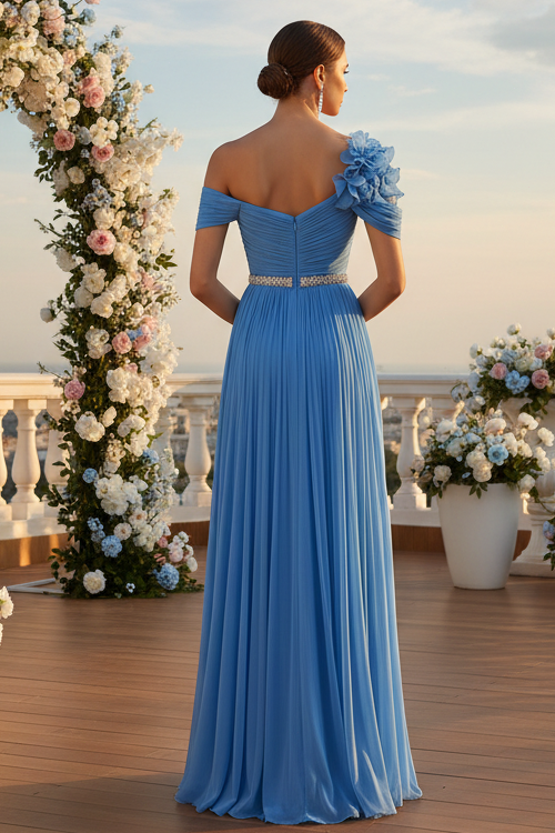 Pleated Off-the-Shoulder Chiffon A-Line Evening Gown