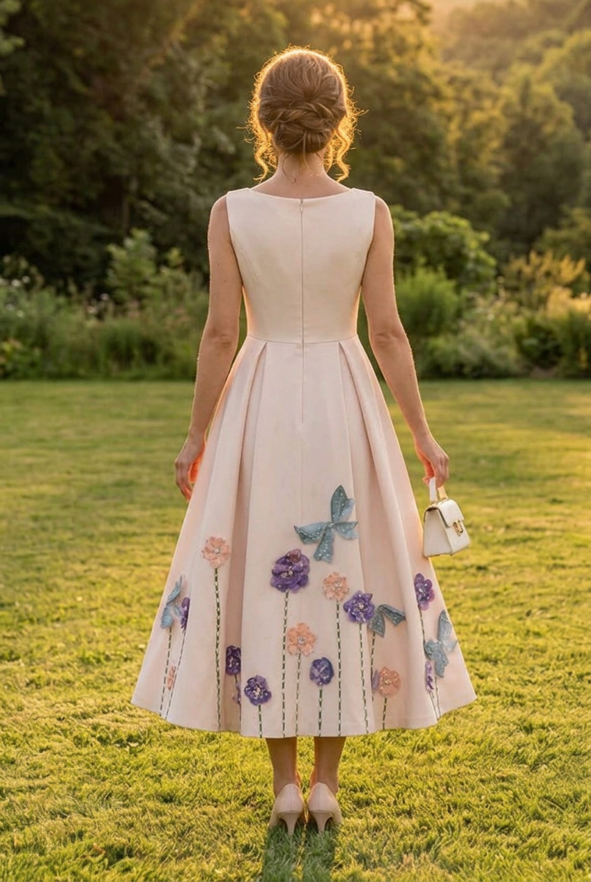 Embroidered 3D Floral Midi Dress