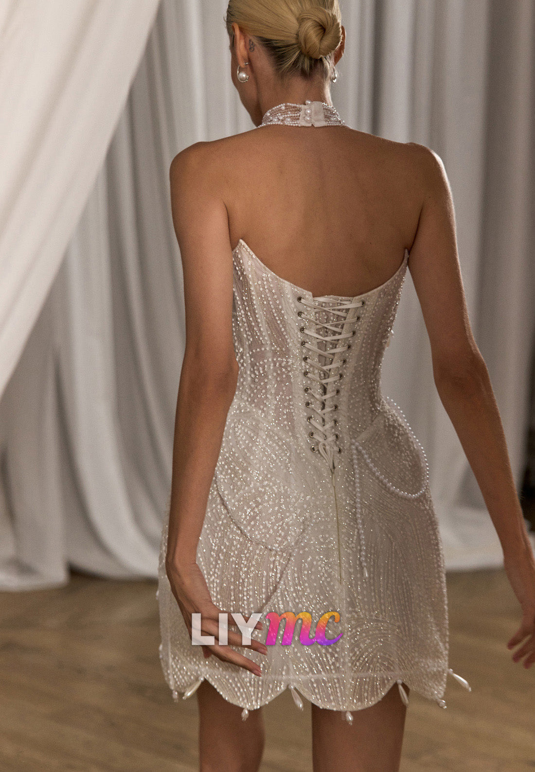 Strapless Pearl Beaded Corset Mini Dress