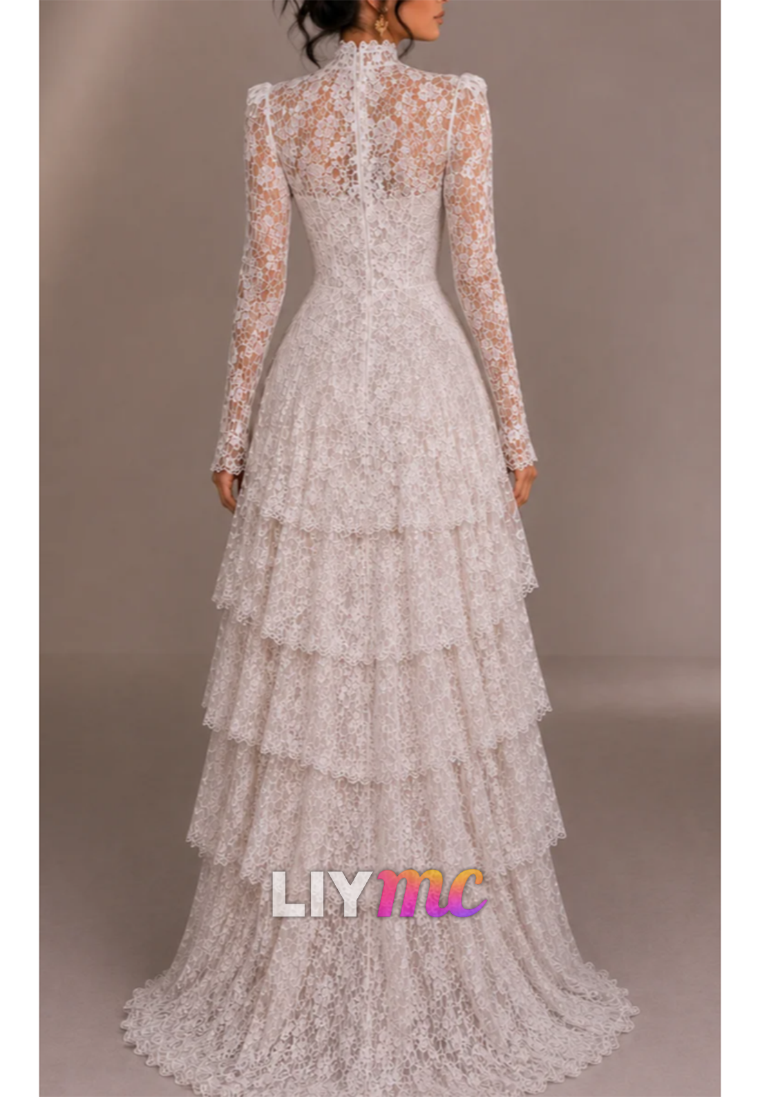 Long Sleeve Lace High Neck Tiered Ruffle Maxi Dress
