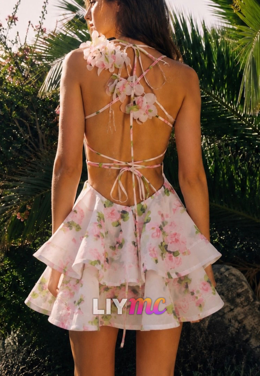 3D Floral Tiered Mini Dress with Open Back