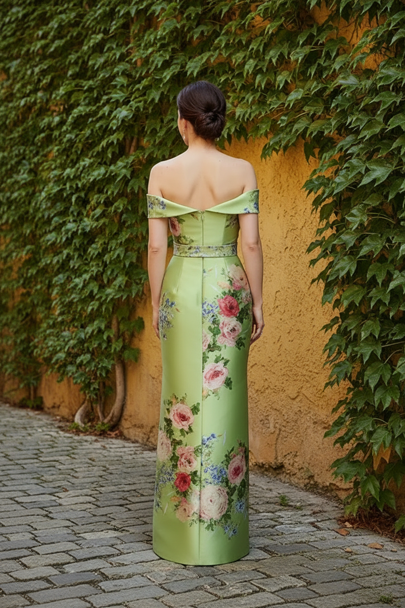 Floral Print Off-the-Shoulder Satin Sheath Gown