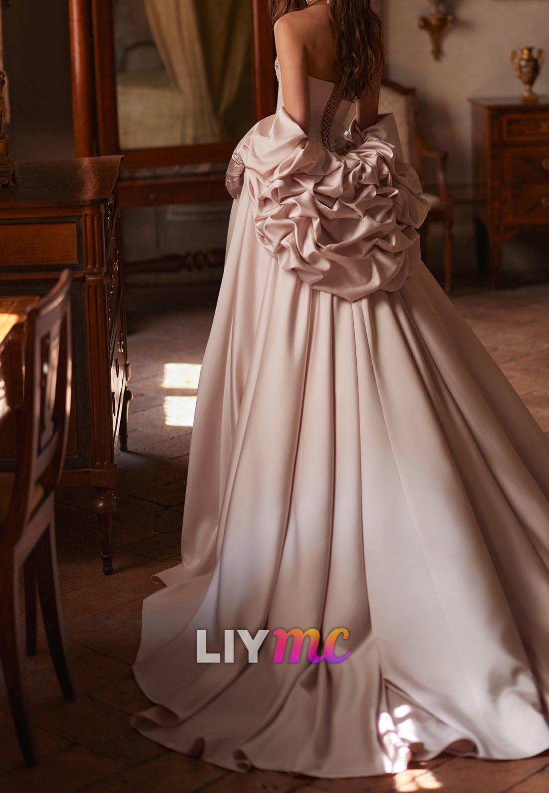 Strapless Beaded Satin Ball Gown with Draped Gloves