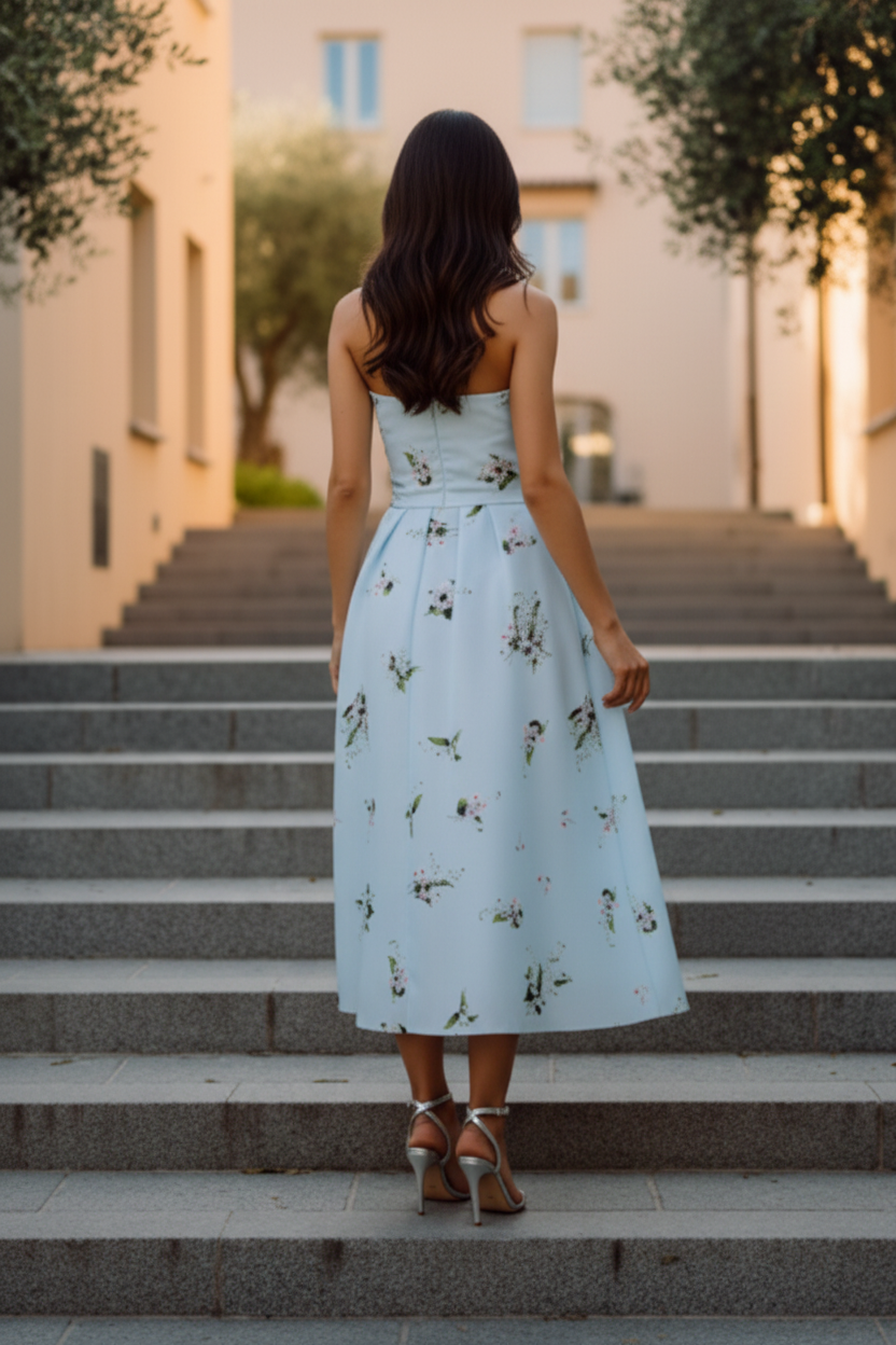 Strapless Floral Print Pleated Midi Dress