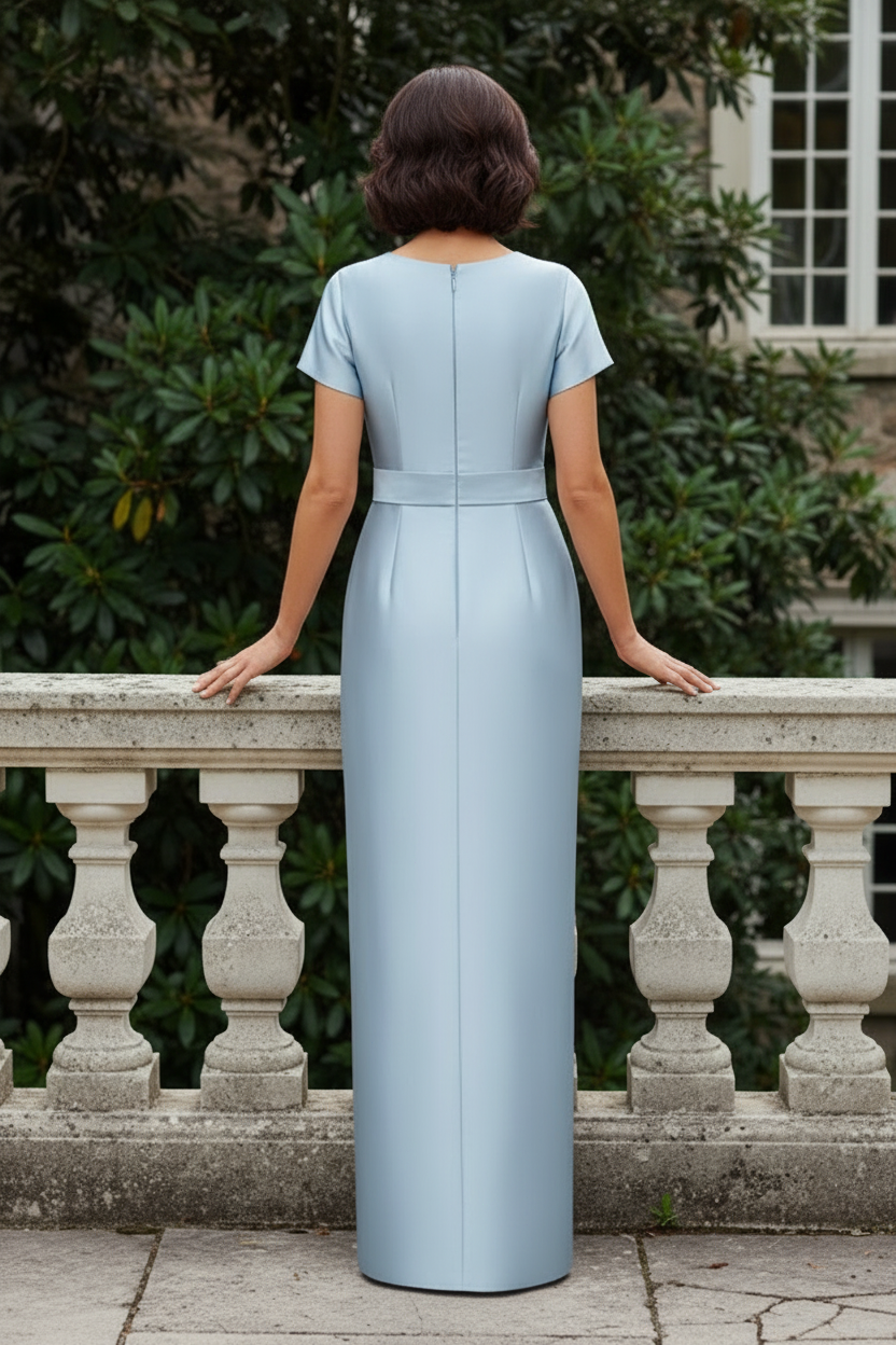 Bateau Neck Satin Column Evening Dress with Bow